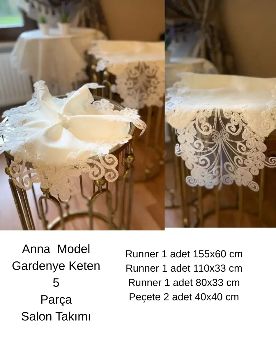 Anna Model Krem 5 Parça Keten Dantelli Salon Takımı Runner Seti Masa Örtüsü görsel 2