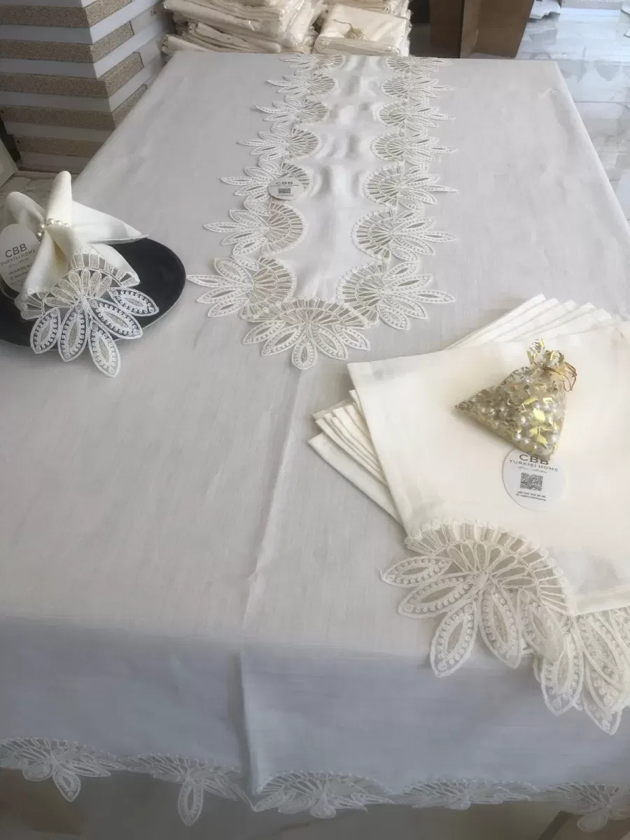 Sofra Takımı Lady Gardenya Keten Yemek Takımı 160x220 Masa Seti 12 Kişilik 26 Parça Runner Set Kreme Gold görsel 2