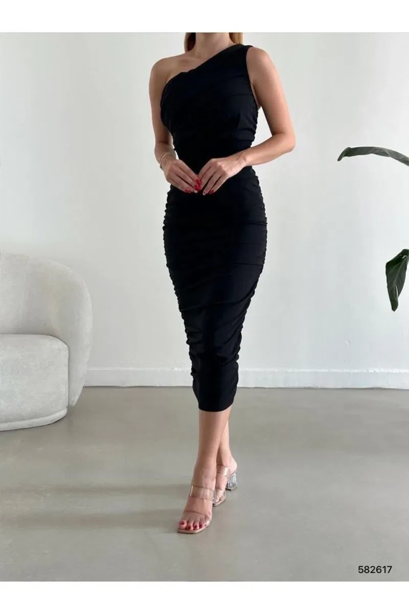 Kadın İnce Tek Omuz Tek Kol Krep Kumaş Bodycon Abiye Elbise görsel 3