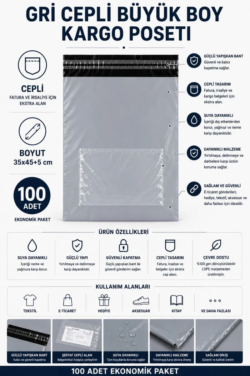 Gri Cepli Büyük Boy Kargo Poşeti 35x45+5 Cm 100 Adet görsel 2