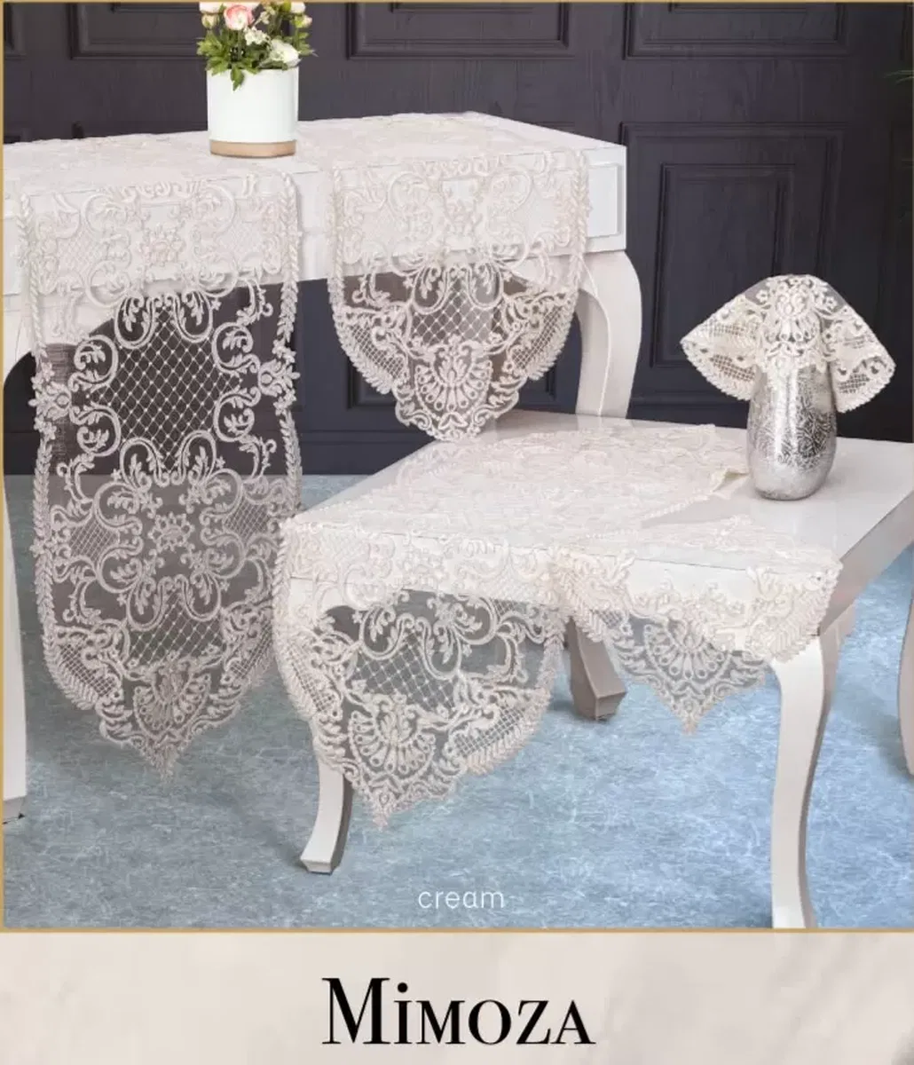 Salon Takımı 5 Parça Dantel İşlemeli Masa Örtüsü Runner Seti Çeyizlik Mimoza Model No 998 Krem görsel 2