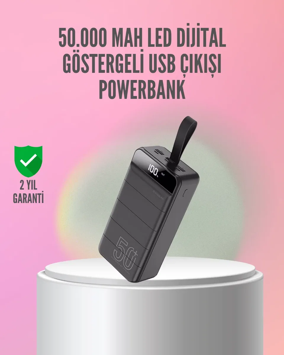 50. 000 mAh Ultra Güçlü Powerbank 4 USB Çıkışlı, LED Dijital Göstergeli, Hızlı Şarj Destekli Taşınabilir Şarj Cihazı