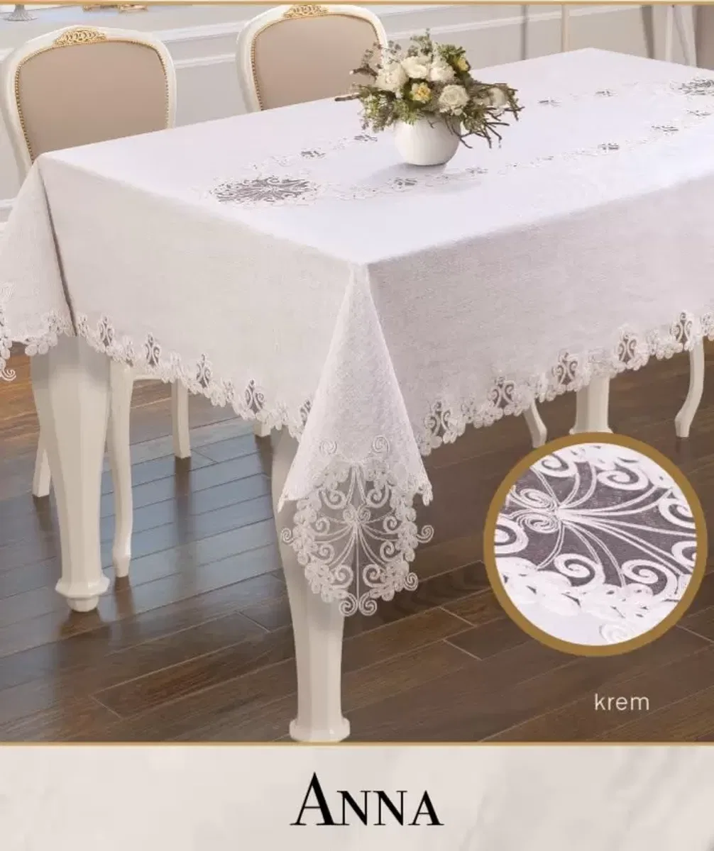 Gardenya Keten Tek Masa Örtüsü 160x450 cm Dantelli Yemek Masası Örtüsü Anna Model Krem