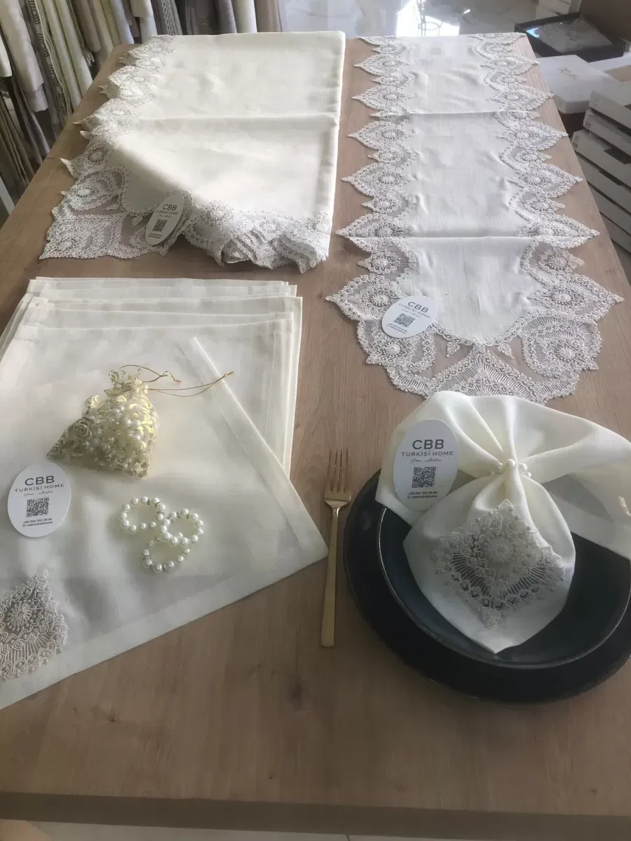 Sofra Takımı Kartanesi Gardenya Keten Yemek Takımı 160x220 Masa Seti 12 Kişilik 26 Parça Runner Set Kreme Gold görsel 5
