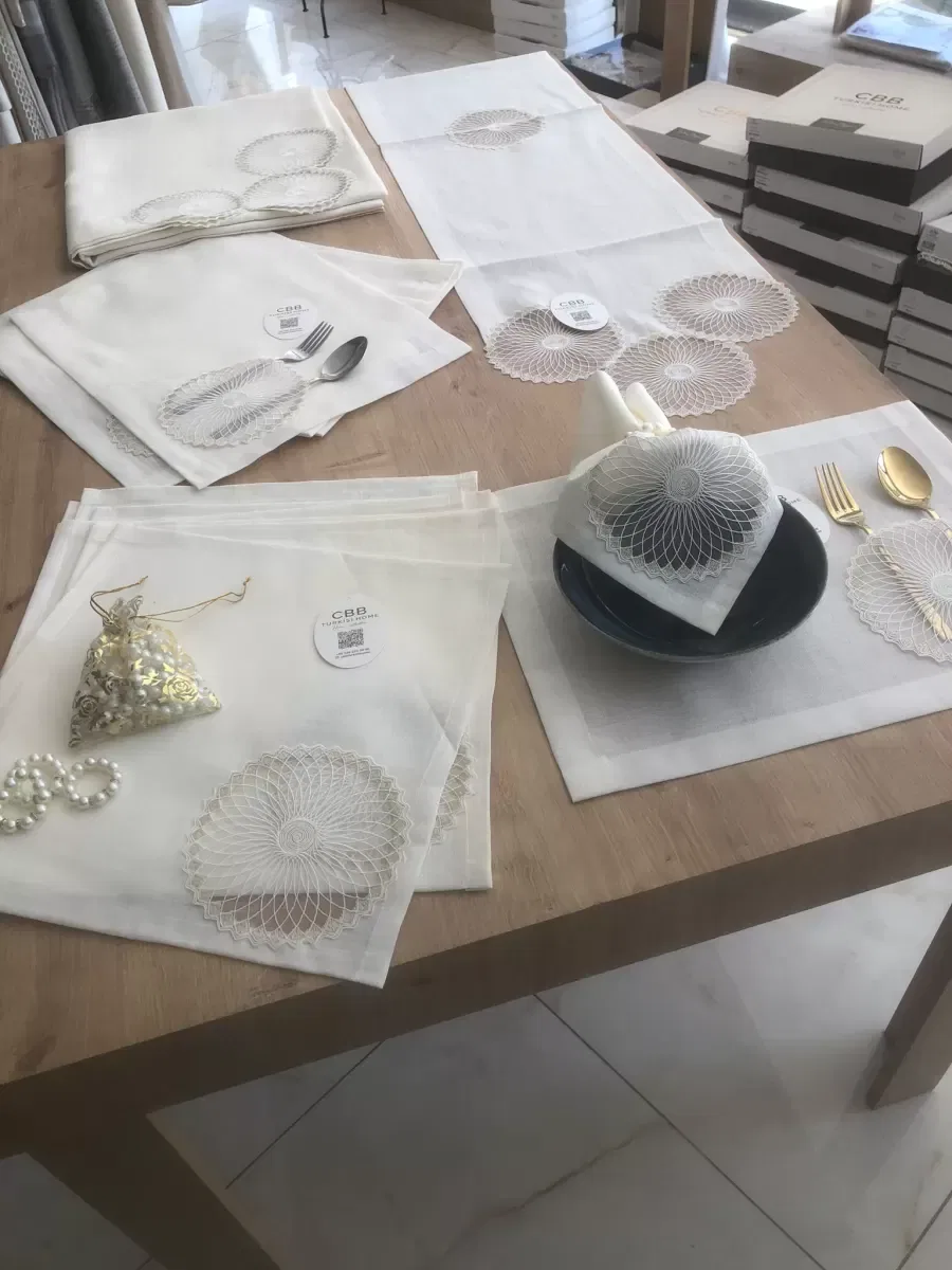 Sofra Takımı Planet Gardenya Keten Yemek Takımı 160x260 Masa Seti 26 Parça Runner Set Krem görsel 3