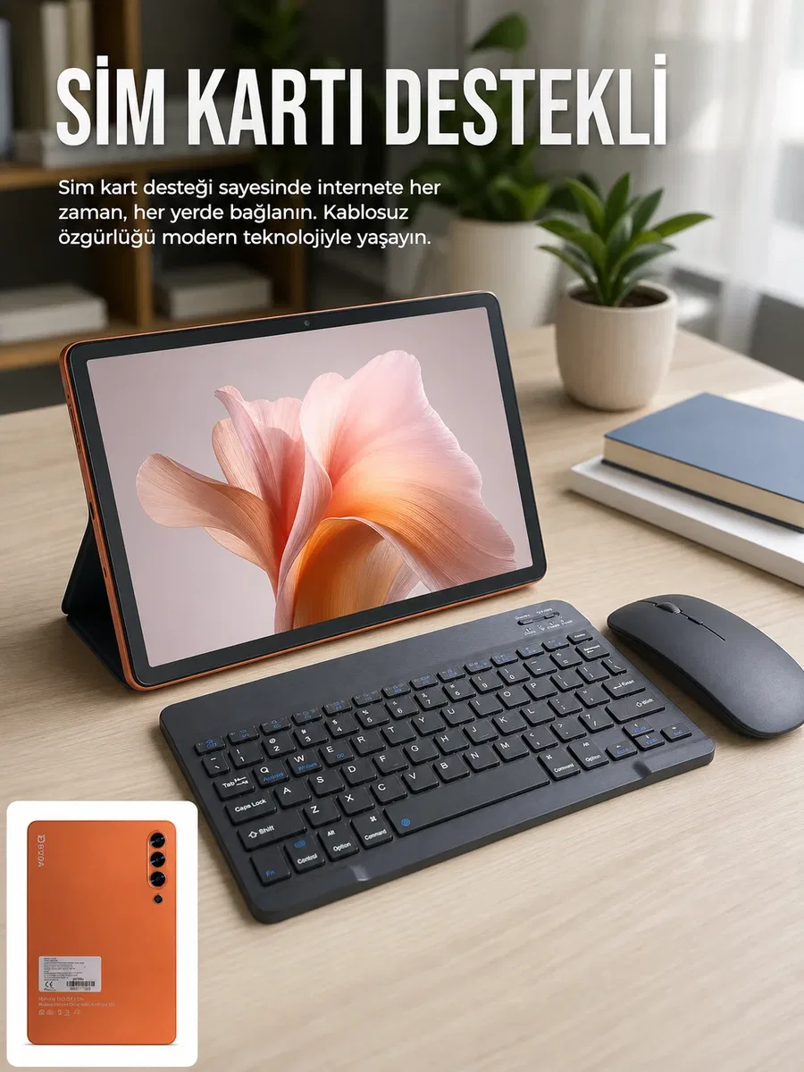 SIM Kart Destekli Android Tablet Bluetooth Klavye ve Kablosuz Mouse Seti Geniş Ekran Taşınabilir Tasarım