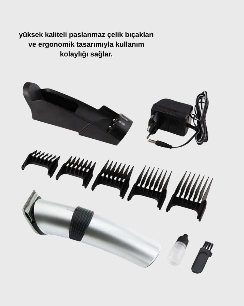 Şarjlı Saç Ve Sakal Kesme Makinesi – Paslanmaz Çelik Bıçak, Ayarlanabilir Başlık görsel 5