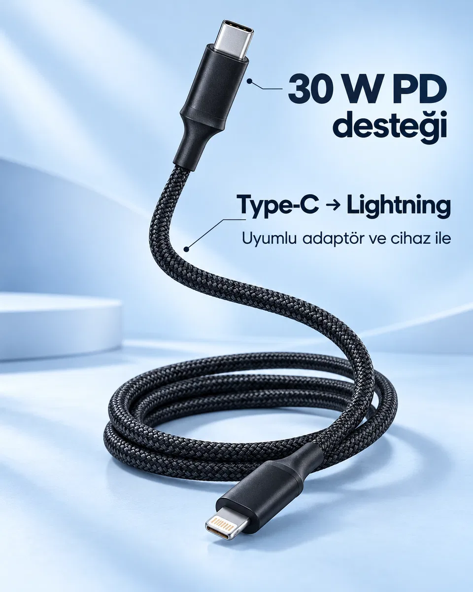 PD Hızlı Şarj Destekli LED Göstergeli Lightning Kablo