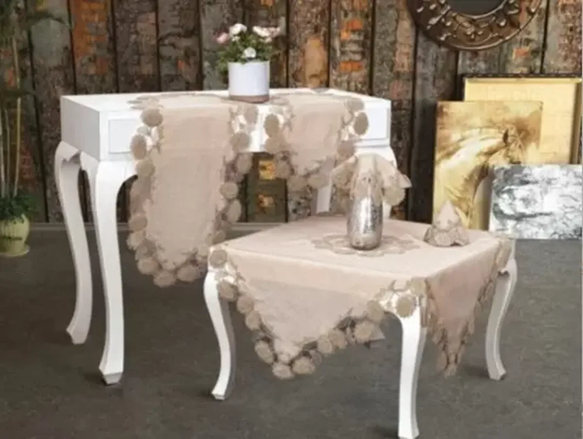 Salon Takımı 5 Parça Keten Dantelli Masa Örtüsü Runner Seti Çeyizlik Flowers Model Kapiçino görsel 5