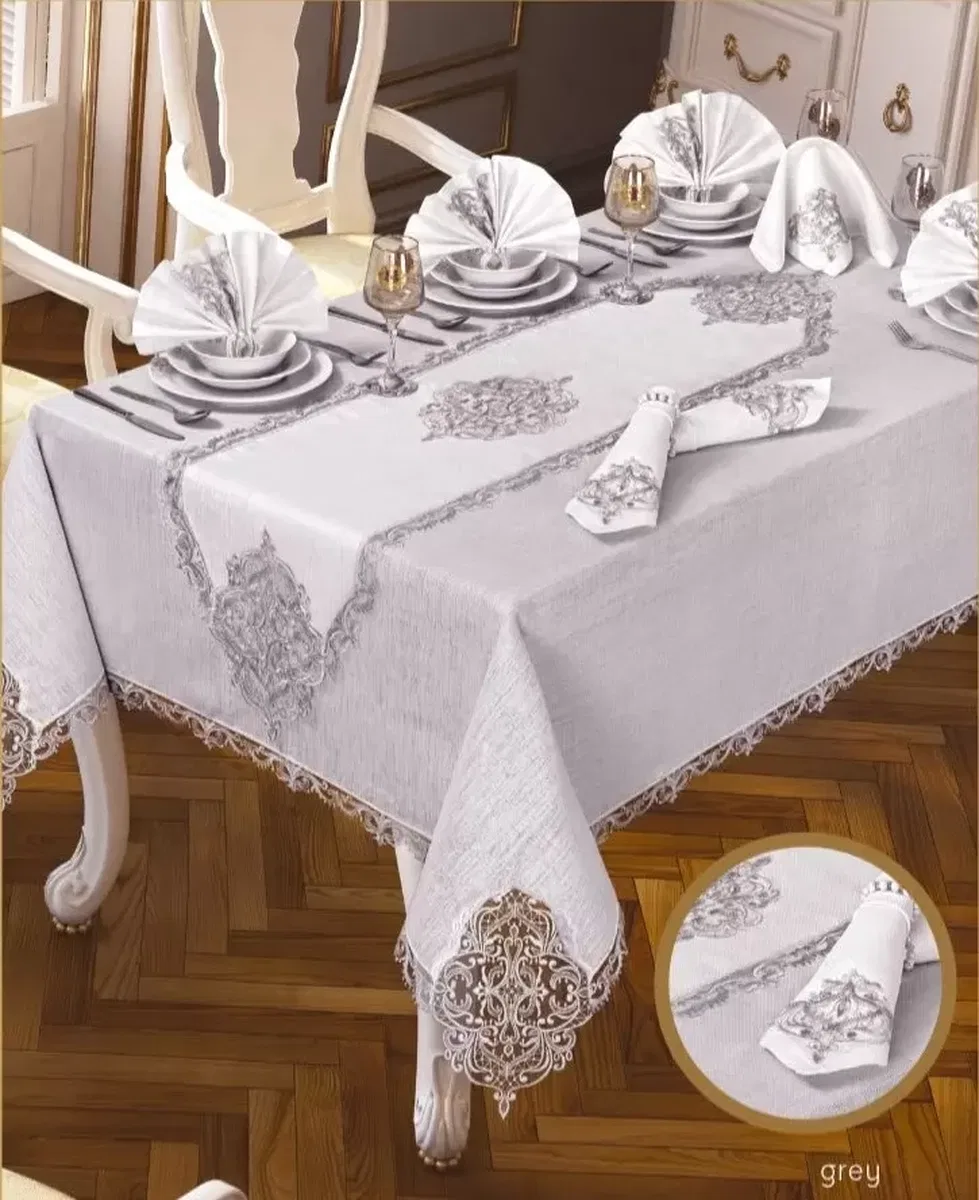 Elegant Linen Krem-Gümüş 26 Parça 12 Kişilik 160 × 260 cm Masa Takımı