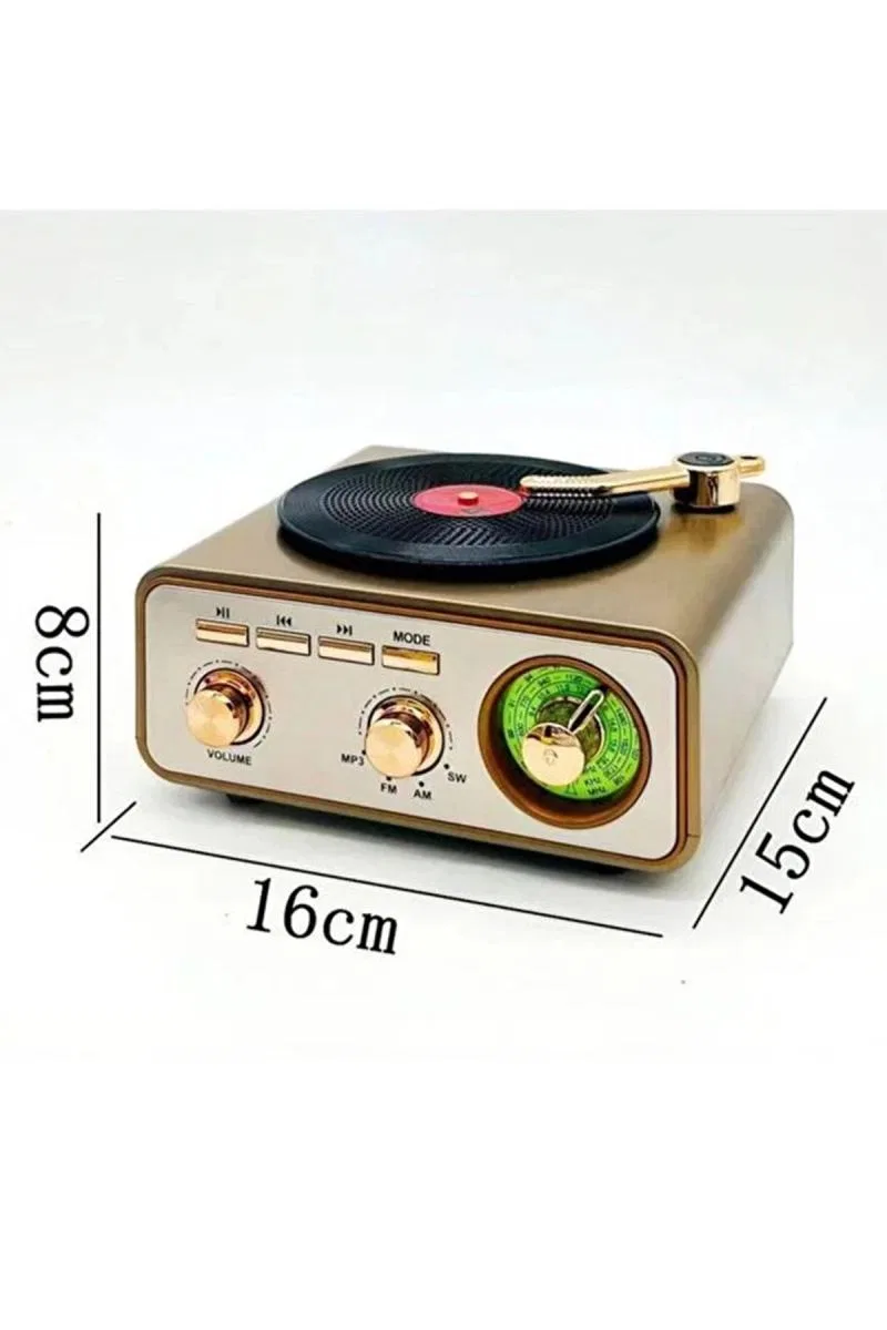 Metalik Nostaljik Tasarım Plak Çalar Görünümlü Radyolu Bluetooth Hoparlör Retro Müzik Plak görsel 5