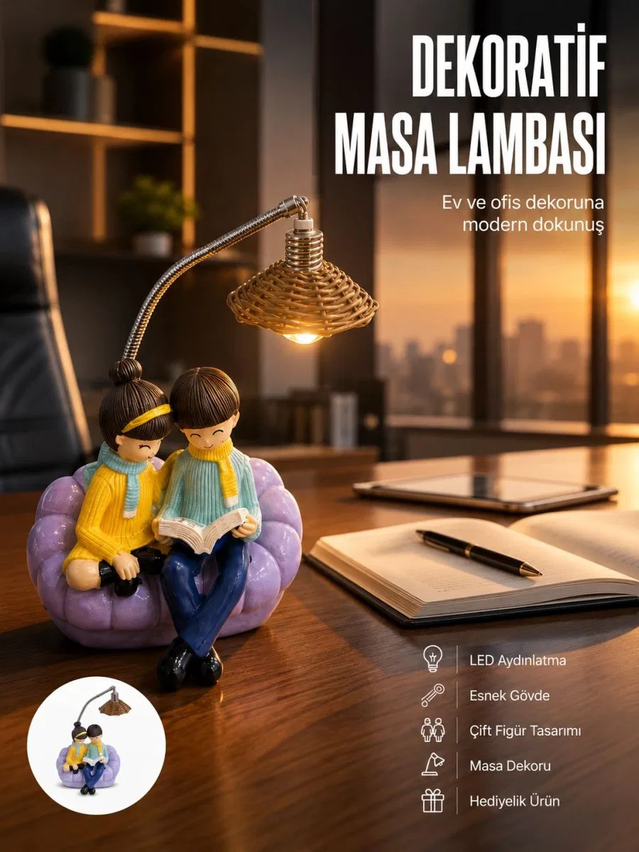 Romantik Çift Temalı Dekoratif Masa Lambası Yumuşak Led Işık