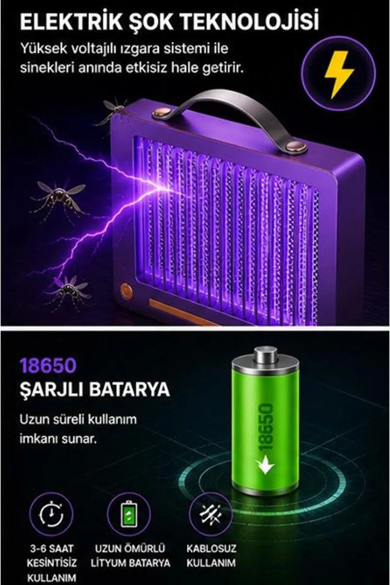 Elektrikli Sinek Öldürücü Lamba | Şarjlı, Sessiz, Led Işıklı Etkili Koruma görsel 2