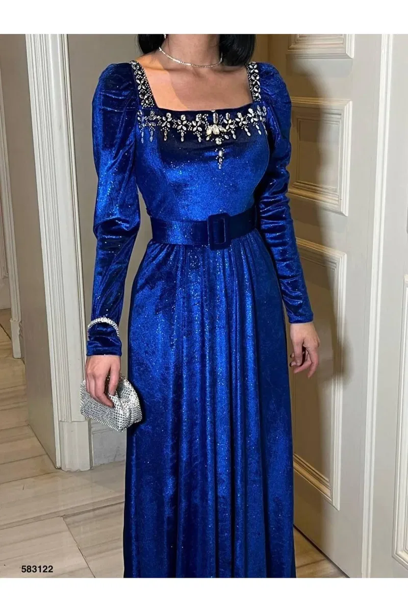 Kadın Vintage Kare Yaka Uzun Kol Abiye Elbise görsel 8