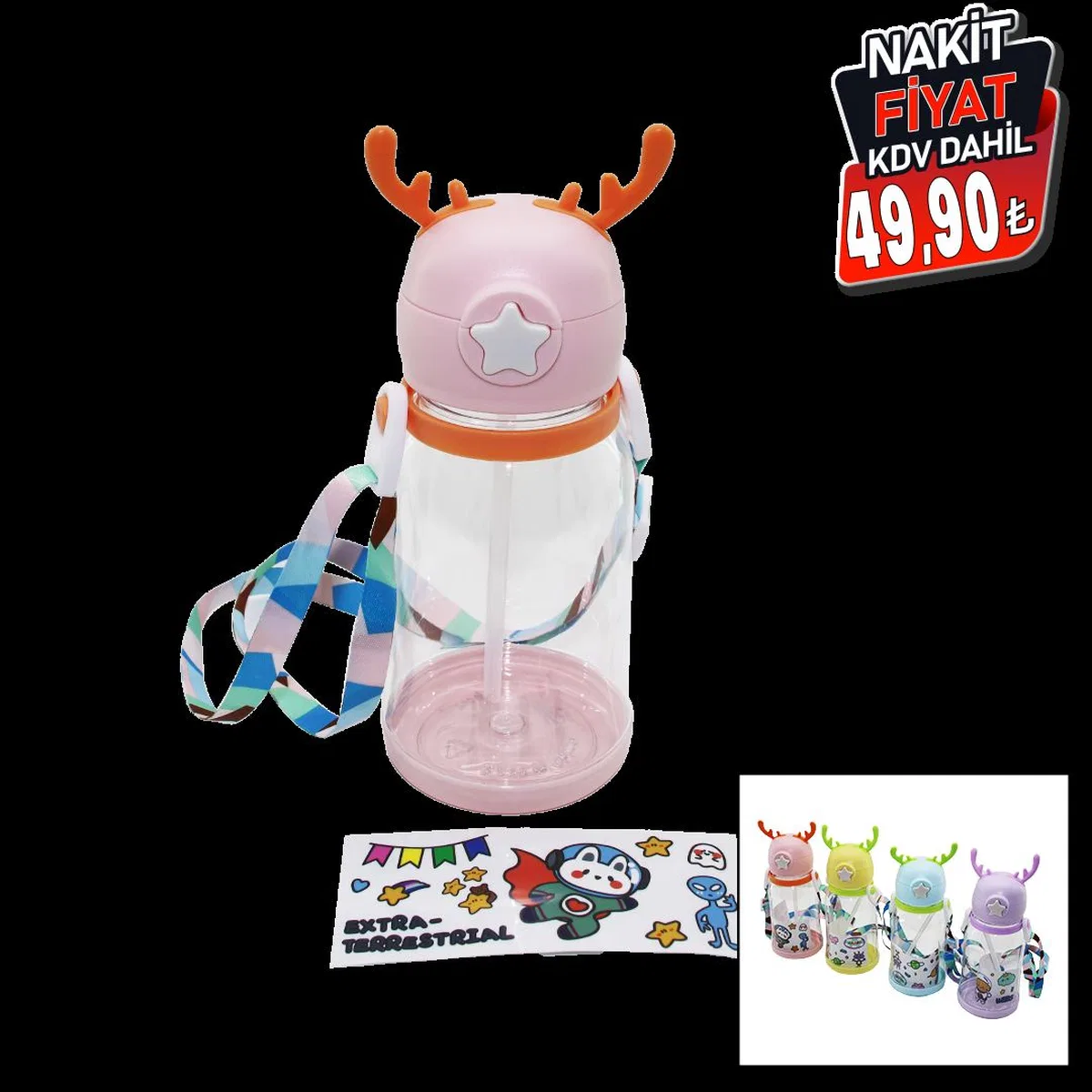 Pipetli Çocuk Matara - Geyik Desenli Askılı görsel 2