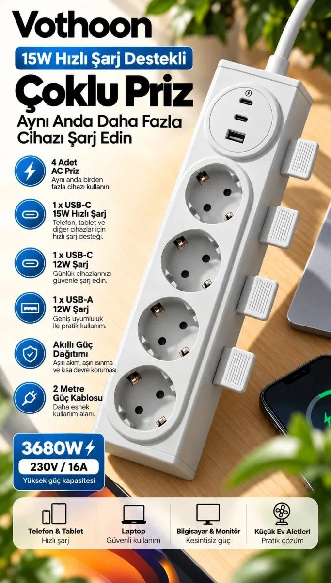 4’lü Akıllı Priz Tek Dokunuşla Fiş Çıkarma 2 Metre Kablo 2 Type-c + Usb 15w Hızlı Şarj 3680w Krem