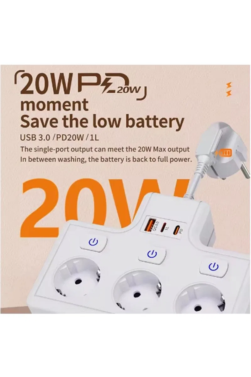 Termal Akım Korumalı 3’lü Duvar Tipi Priz 1x Usb 2x Type-c Çıkışlı Grup Priz Çoğaltıcı (3500w) görsel 4