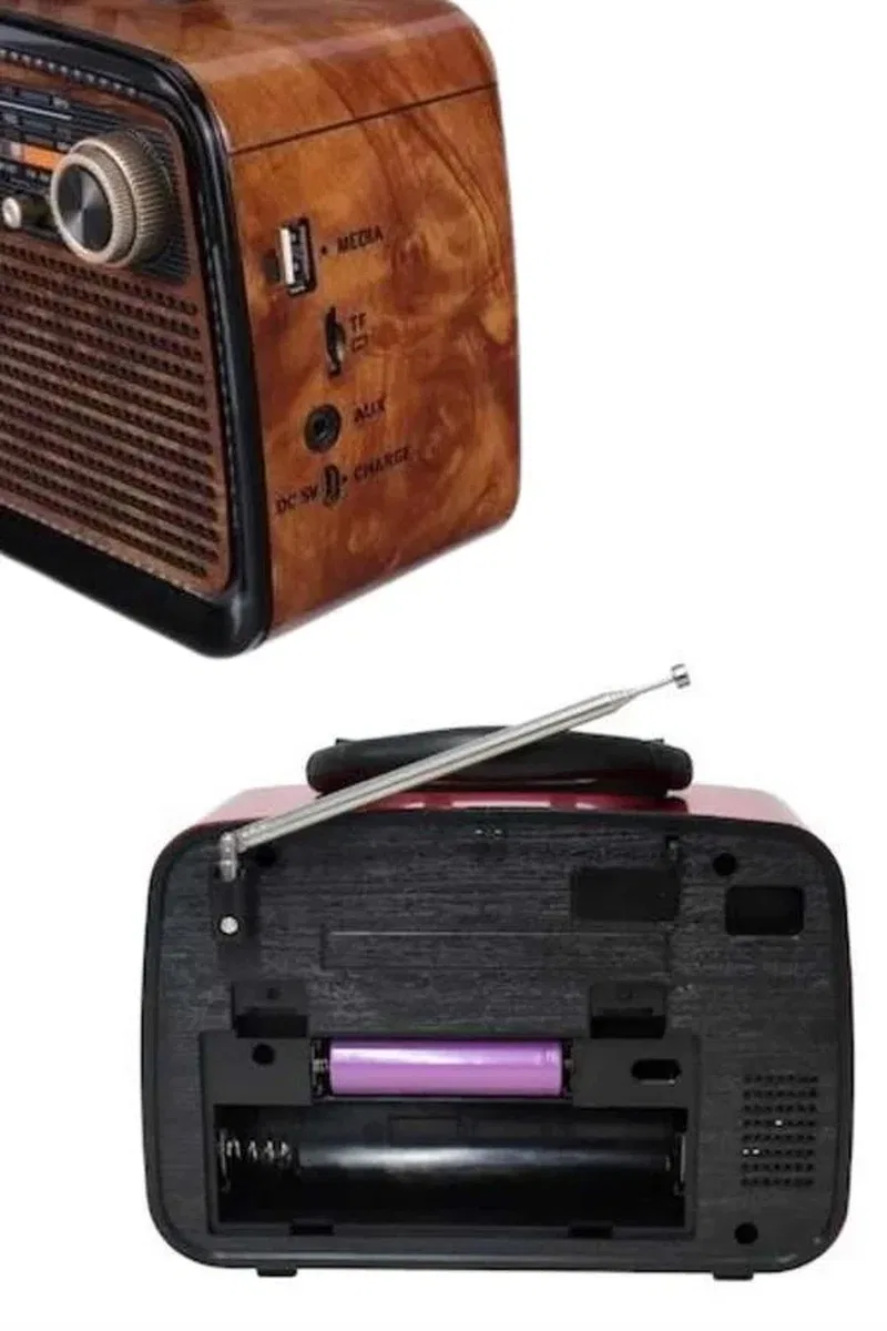Bluetooth Hoparlör Ahşap Renk Vintage Işıklı Nostaljik Radyo Fm Ahşap Görünümlü görsel 4