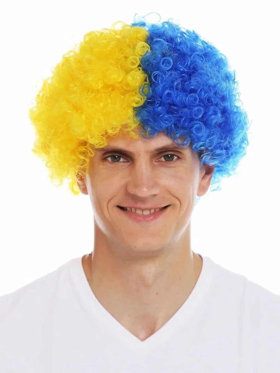 Sarı Lacivert Kıvırcık Afro Bonus Peruk Taraftar Bonus Saç görsel 2