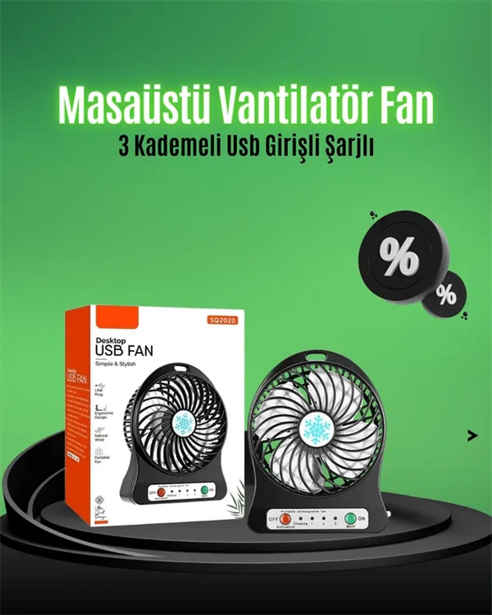 Mini USB Fan – Şarj Edilebilir, Işıklı, 3 Kademe, Taşınabilir Masaüstü Vantilatör görsel 2