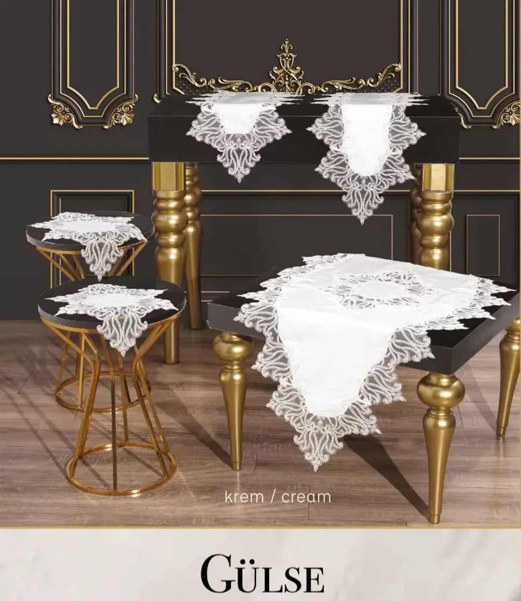 Salon Takımı 5 Parça Keten Dantelli Masa Örtüsü Runner Seti Çeyizlik Gülseda Model Krem-Krem görsel 3