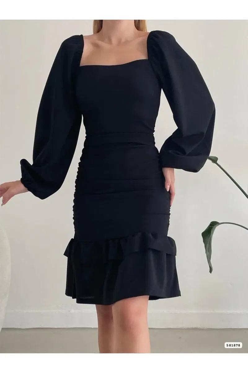 Kadın Şık Model Kare Yaka Uzun Kol Elbise görsel 5