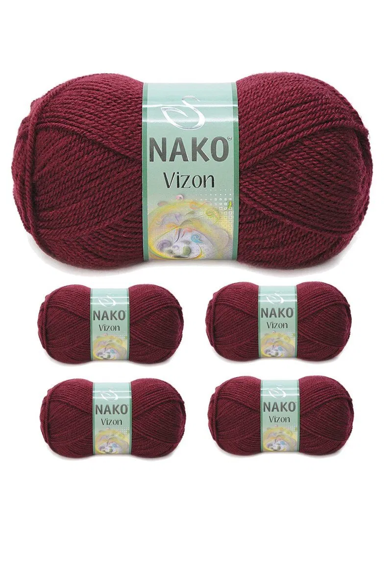 5 Adet Vizon Premium Akrilik El Örgü İpi Yünü Renk No: 999 Bordo