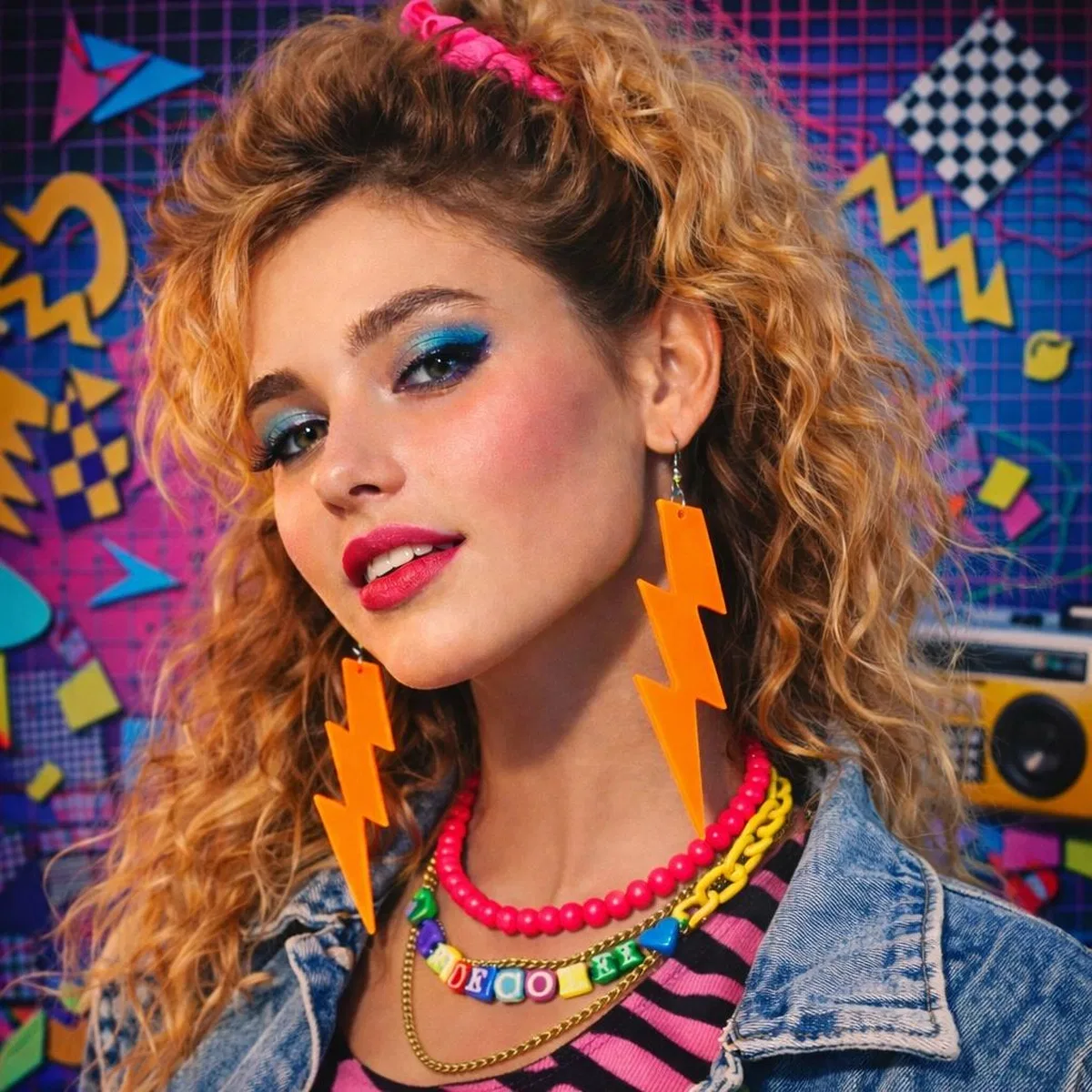 80’ler 9039lar Retro Neon Turuncu Şimşek Küpe 10 Cm görsel 4