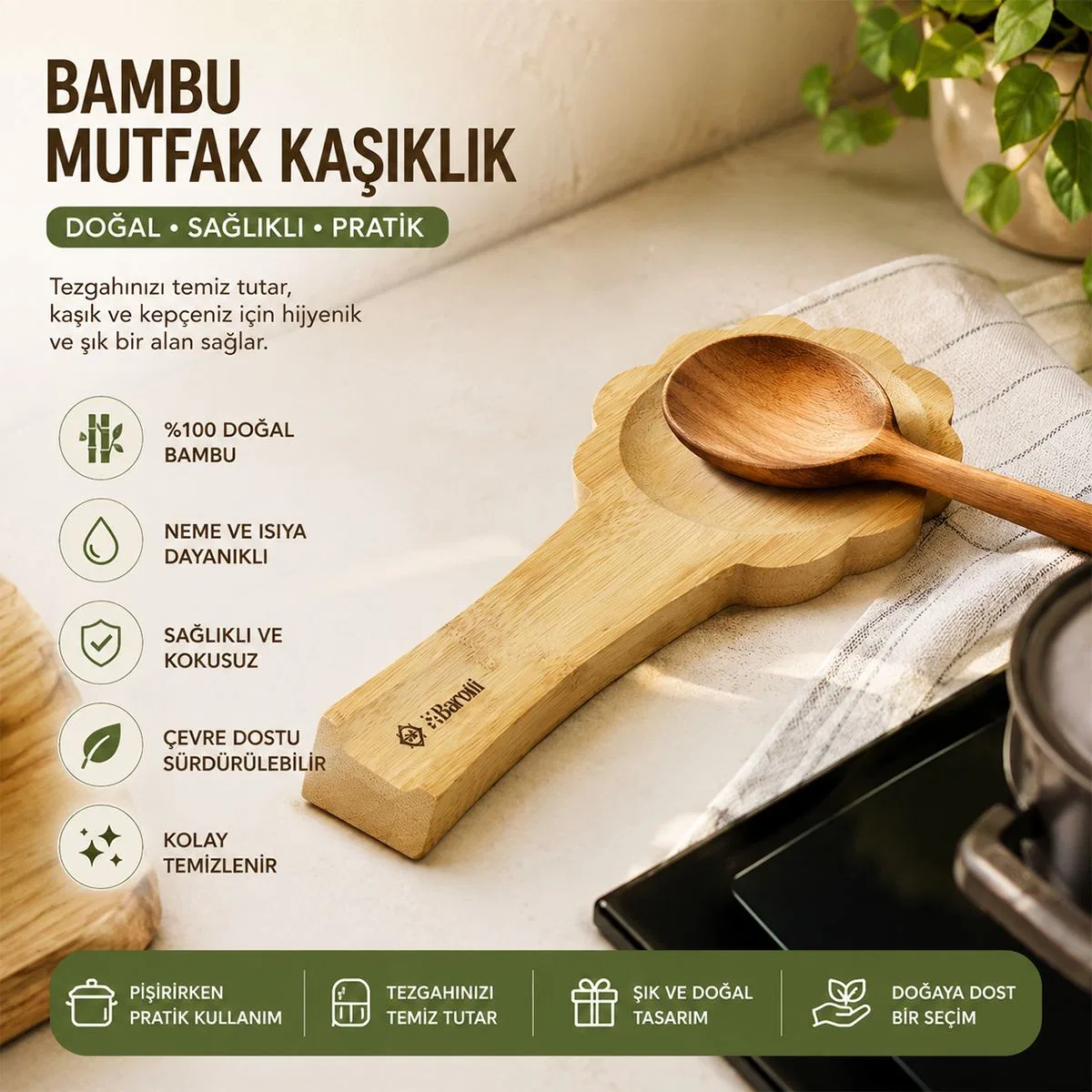Bambu Ahşap Kepçe Kaşık Altlığı görsel 2