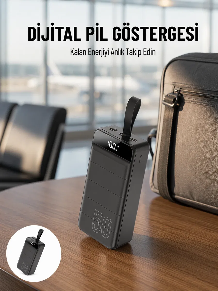 Powerbank 50. 000 Mah Dijital Göstergeli Taşınabilir 4 Portlu Hızlı Powerbank Yeni Nesil