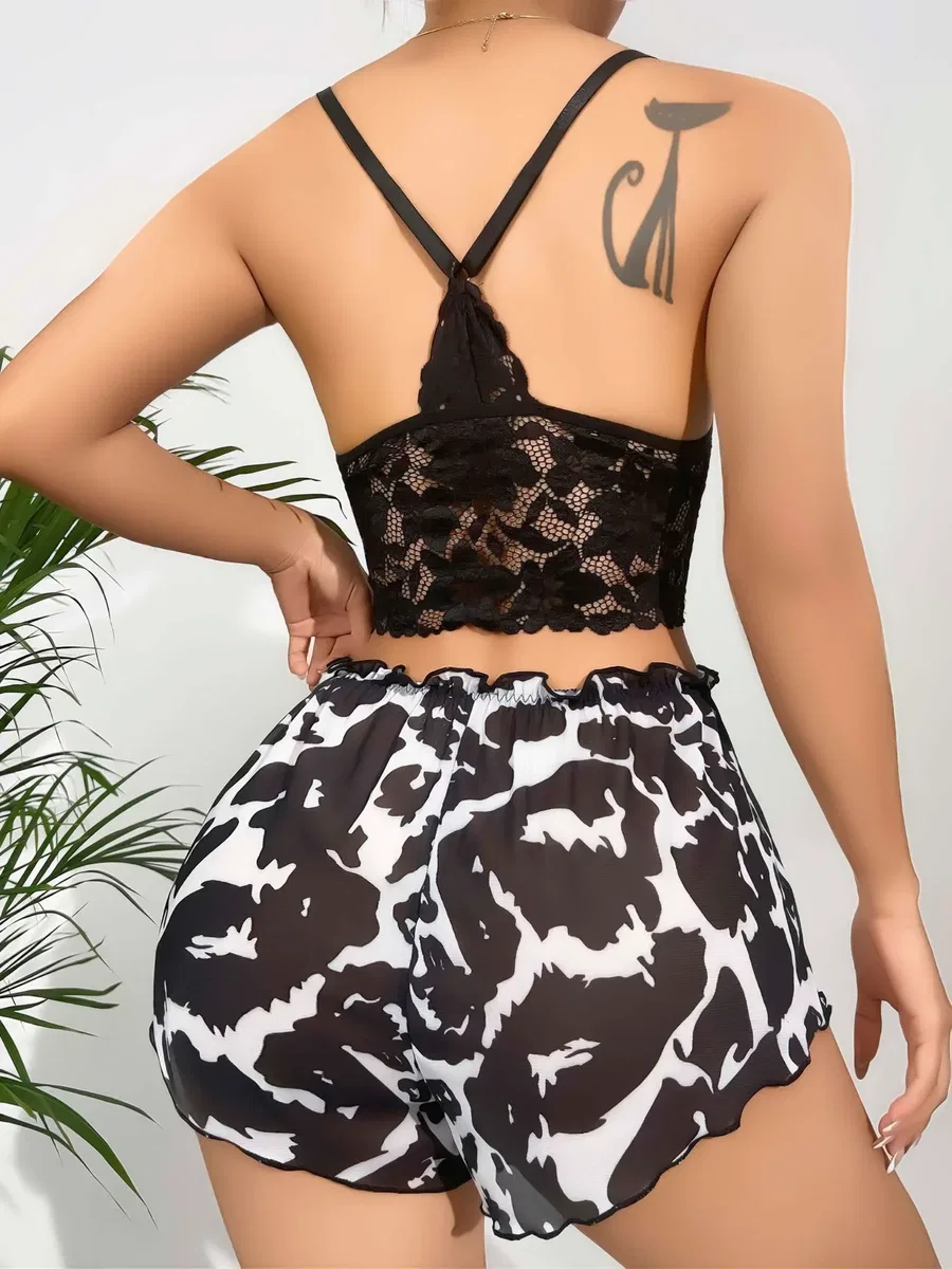 Kadın Siyah Leopar desenli Dantel detaylı Şortlu Gecelik Pijama Takımı 5055 görsel 2