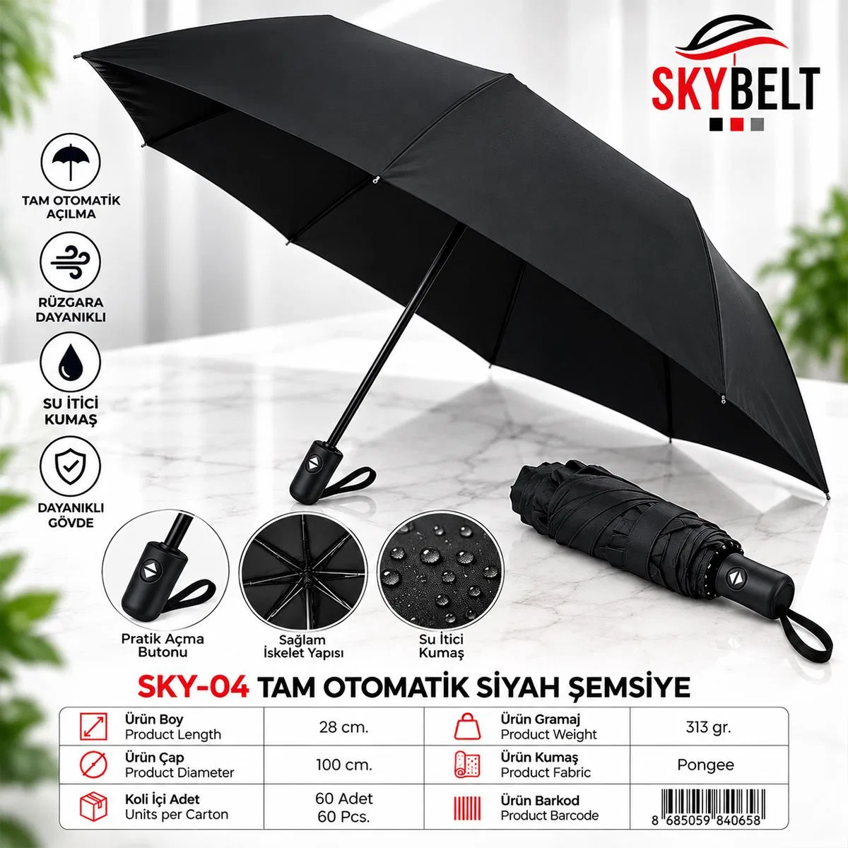 Erkek Tam Otomatik Siyah Şemsiye görsel 2