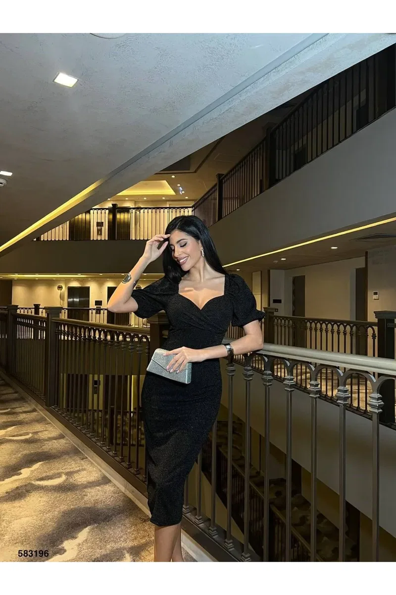 Kadın Trend Tasarım Kalp Yaka Balon Kol Midi Elbise görsel 2