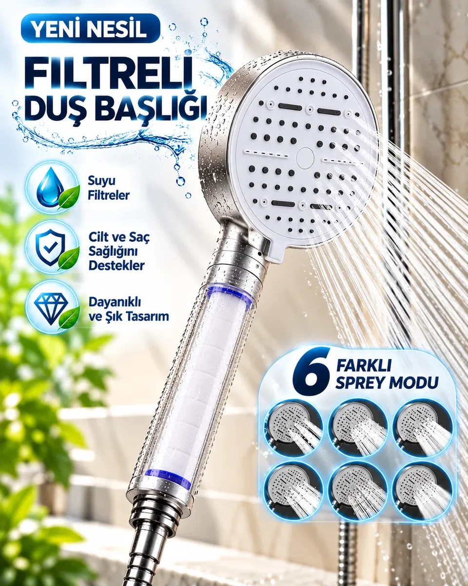 6 Modlu Filtreli Duş Başlığı Büyük Panel Su Tasarruflu Çok Fonksiyonlu Beyaz Duş Başlığı
