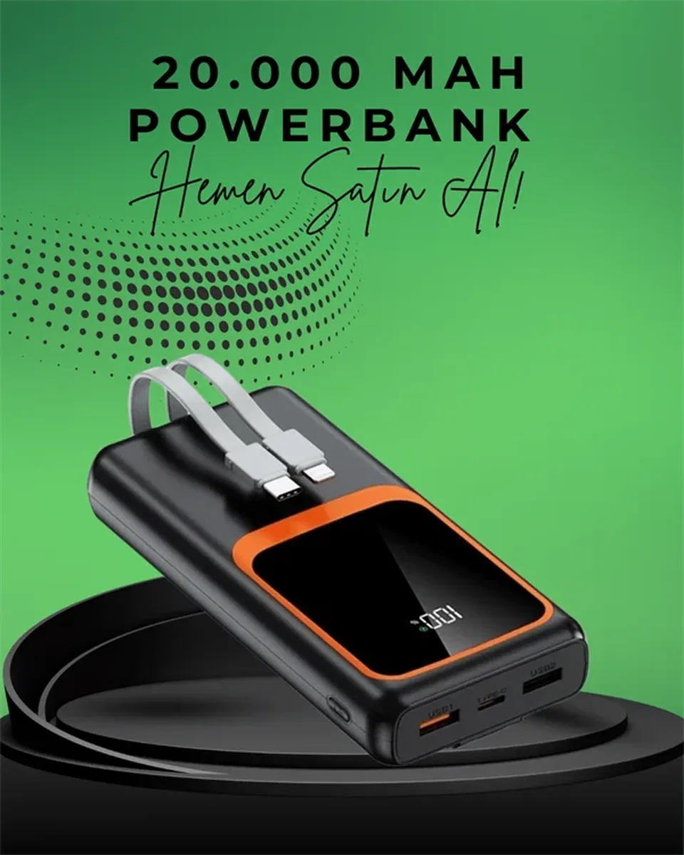20000 mAh Taşınabilir Powerbank | Çok Kablolu, Hızlı Şarj Destekli (22. 5W) görsel 2