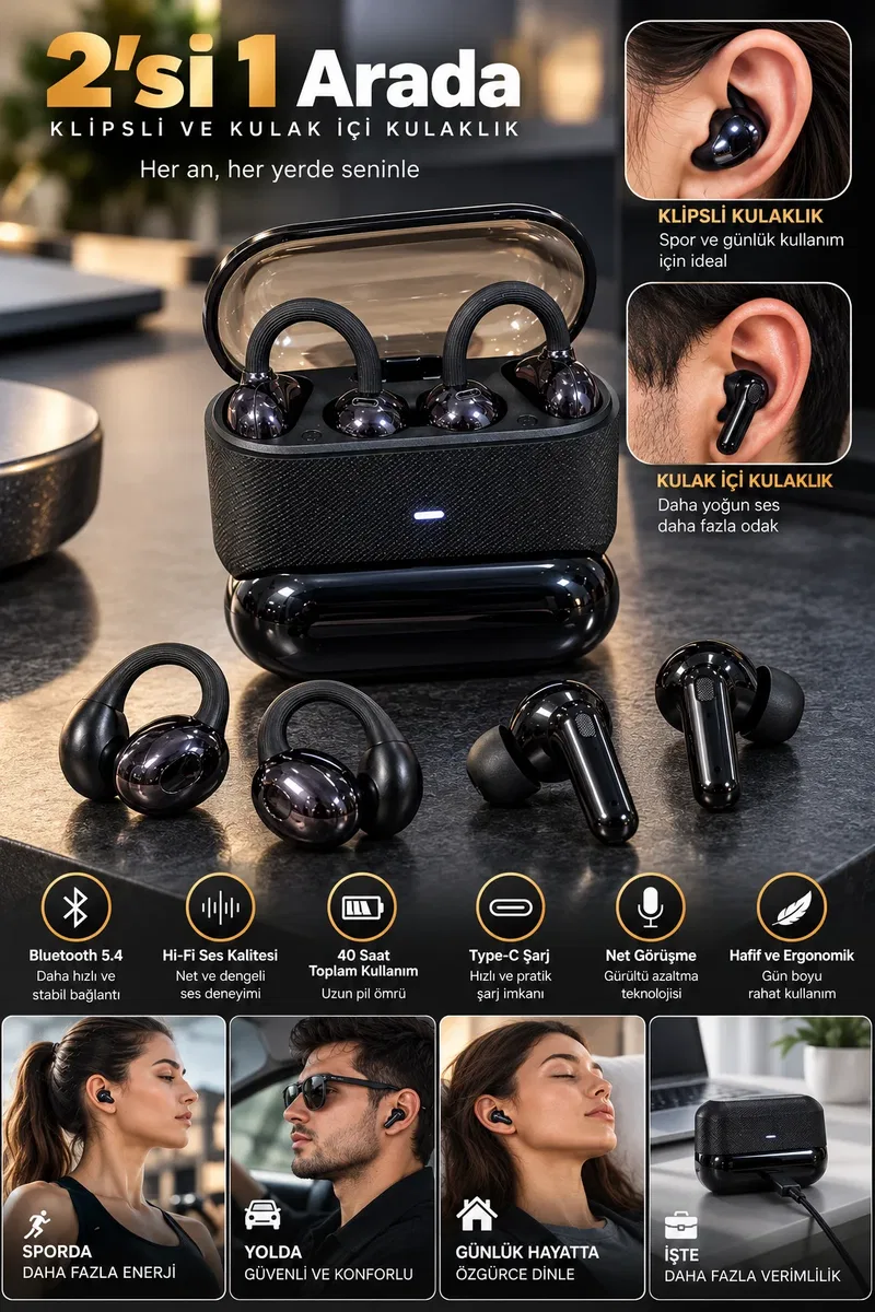 Kablosuz Bluetooth Kulaklık 4 Kulaklıklı 2’si 1 Arada Siyah görsel 2