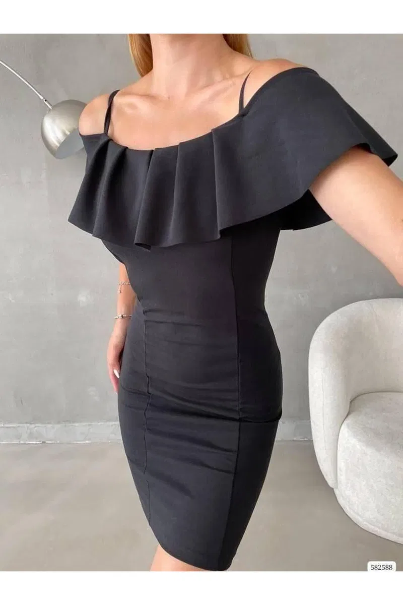 Kadın Minimal Tasarım Gömlek Yaka Volanlı Fırfırlı Elbise görsel 7