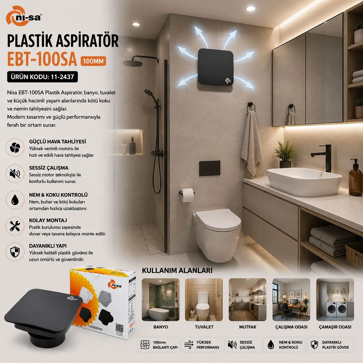 100 mm Plastik Banyo Tuvalet Aspiratör 12W Antrasit görsel 4