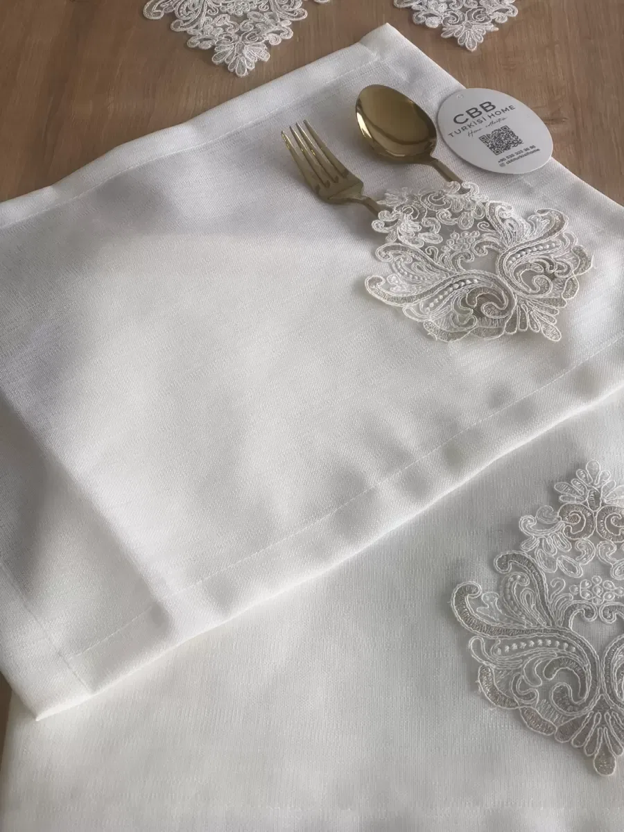Sofra Takımı Mimoza Gardenya Keten Yemek Takımı 160x220 Masa Seti 12 Kişilik 26 Parça Runner Set Kreme Gold görsel 4