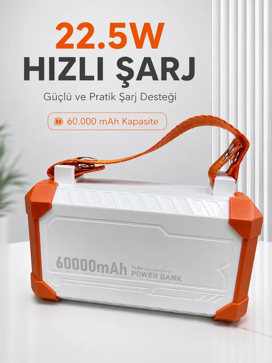 22. 5W Hızlı Şarj Destekli 60000 mAh Powerbank 4 Dahili Kablolu Çoklu USB Type-C Çıkışlı Güç Bankası