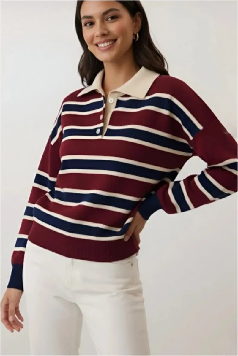 Kadın Şık Polo Yaka Çizgili Oversize Triko Kolej Stil Yumuşak Dokulu Kazak görsel 6