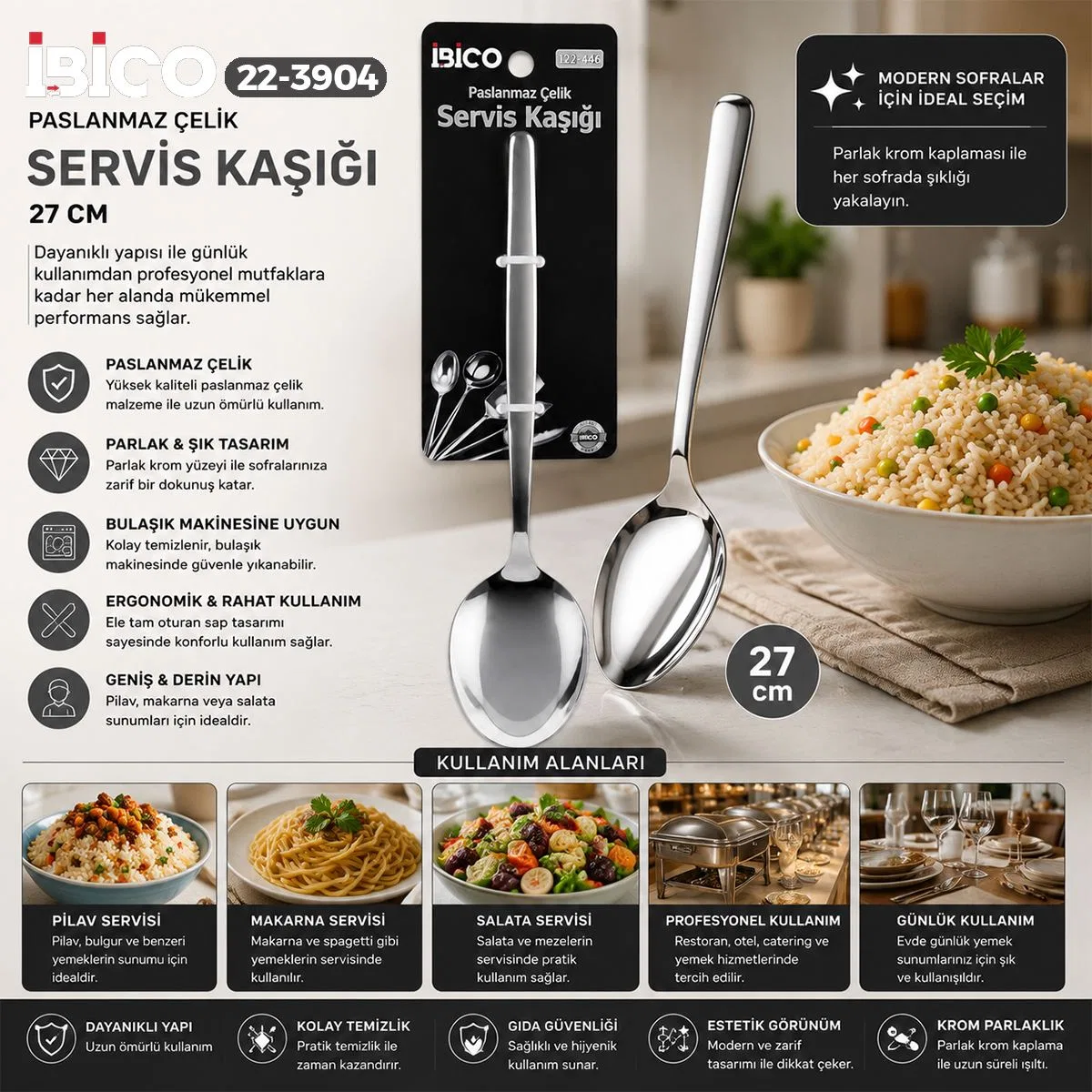 Krom Metal Servis Kaşığı 27 cm görsel 2