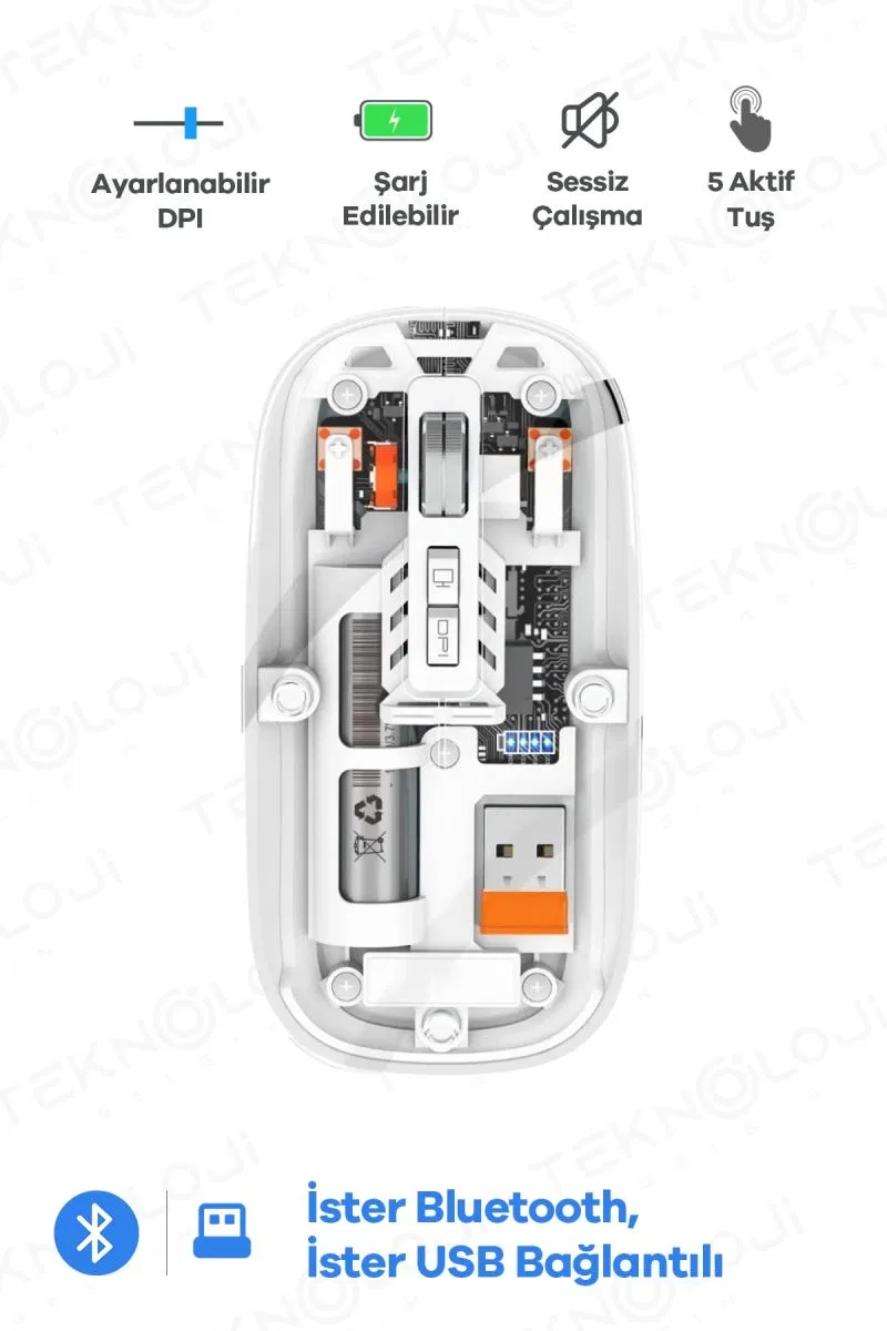 Bluetooth Usb Çift Modlu Sessiz Mouse, Şeffaf Mıknatıslı Kapaklı, Type-c Şarjlı, Dpı Ayarlı, Kablosuz 10m Çekim Mesafeli, Masaüstü Kısayol Tuşlu, Taşınabilir Şarjlı Mouse Beyaz
