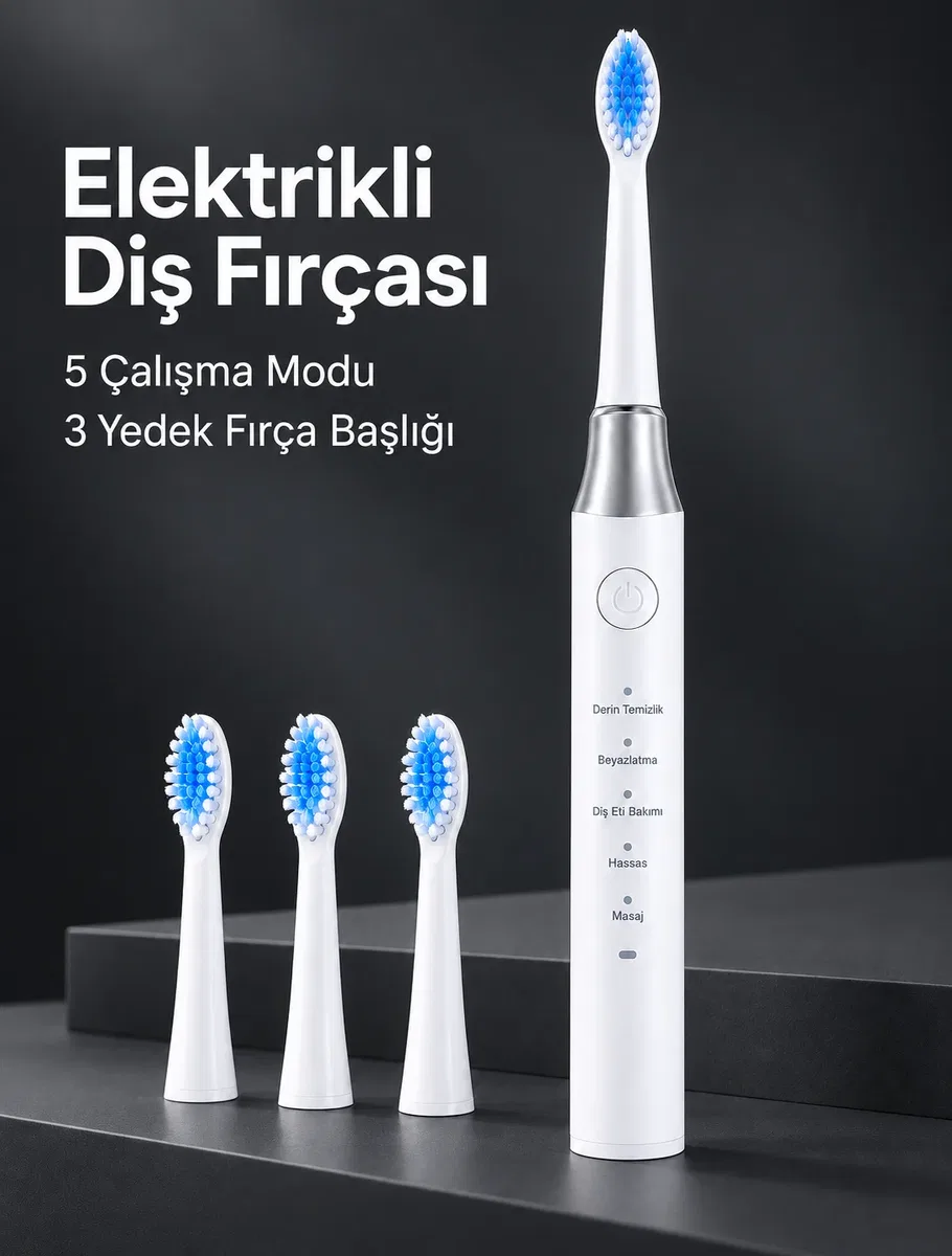 5 Çalışma Modlu Beyaz Elektrikli Diş Fırçası 3 Yedek Başlık Hediyeli