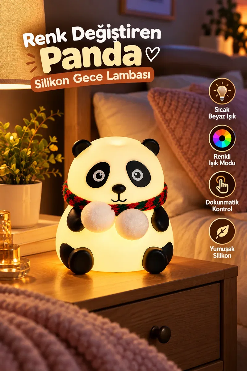 Sevimli Panda Silikon Gece Lambası Renkli Işık Modu Dokunmatik Kontrollü Aydınlatma