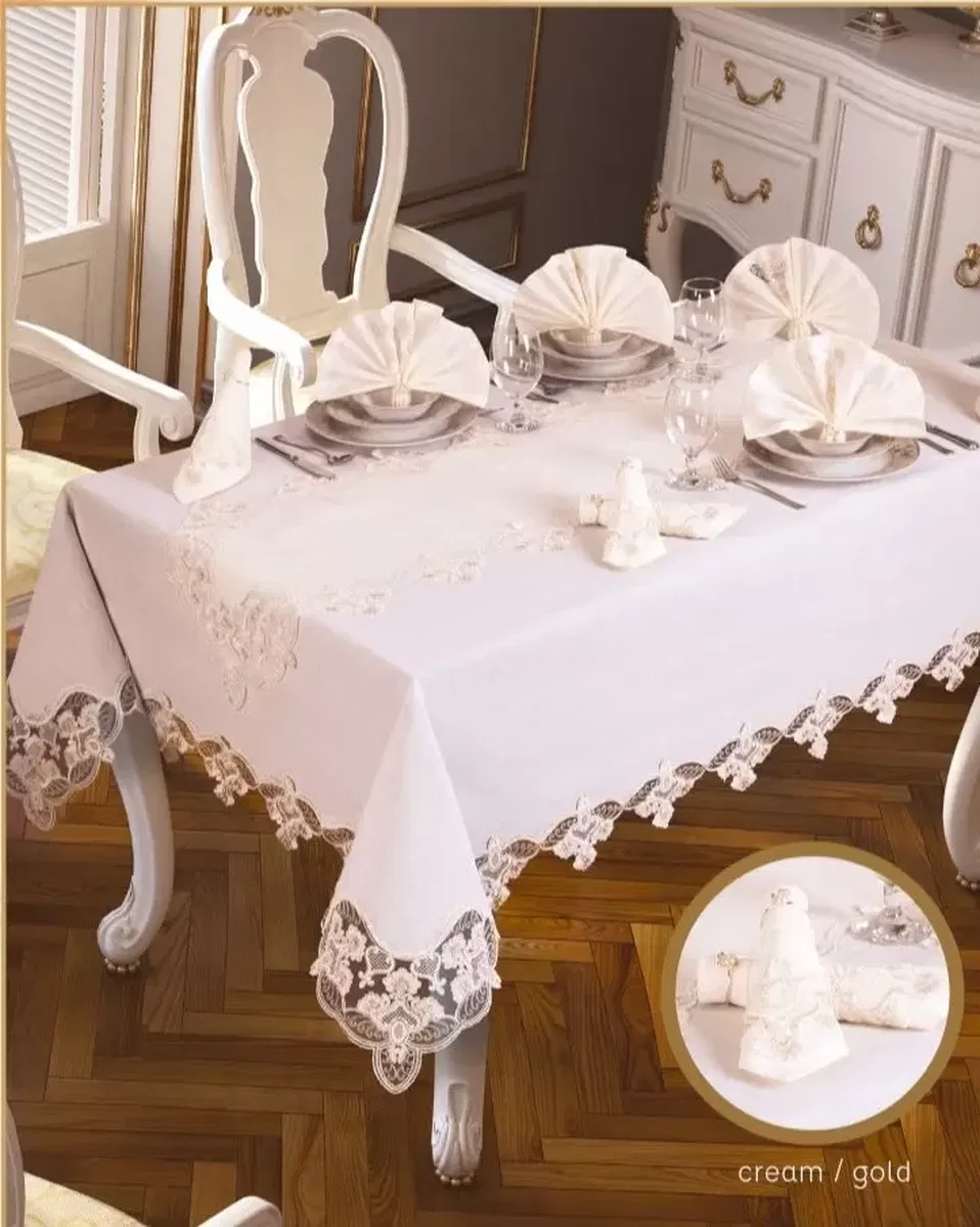Karanfil Gardenya Keten Yemek Takımı Masa Seti 12 Kişilik 26 Parça 160×220 cm Runner Set Krem-Gold