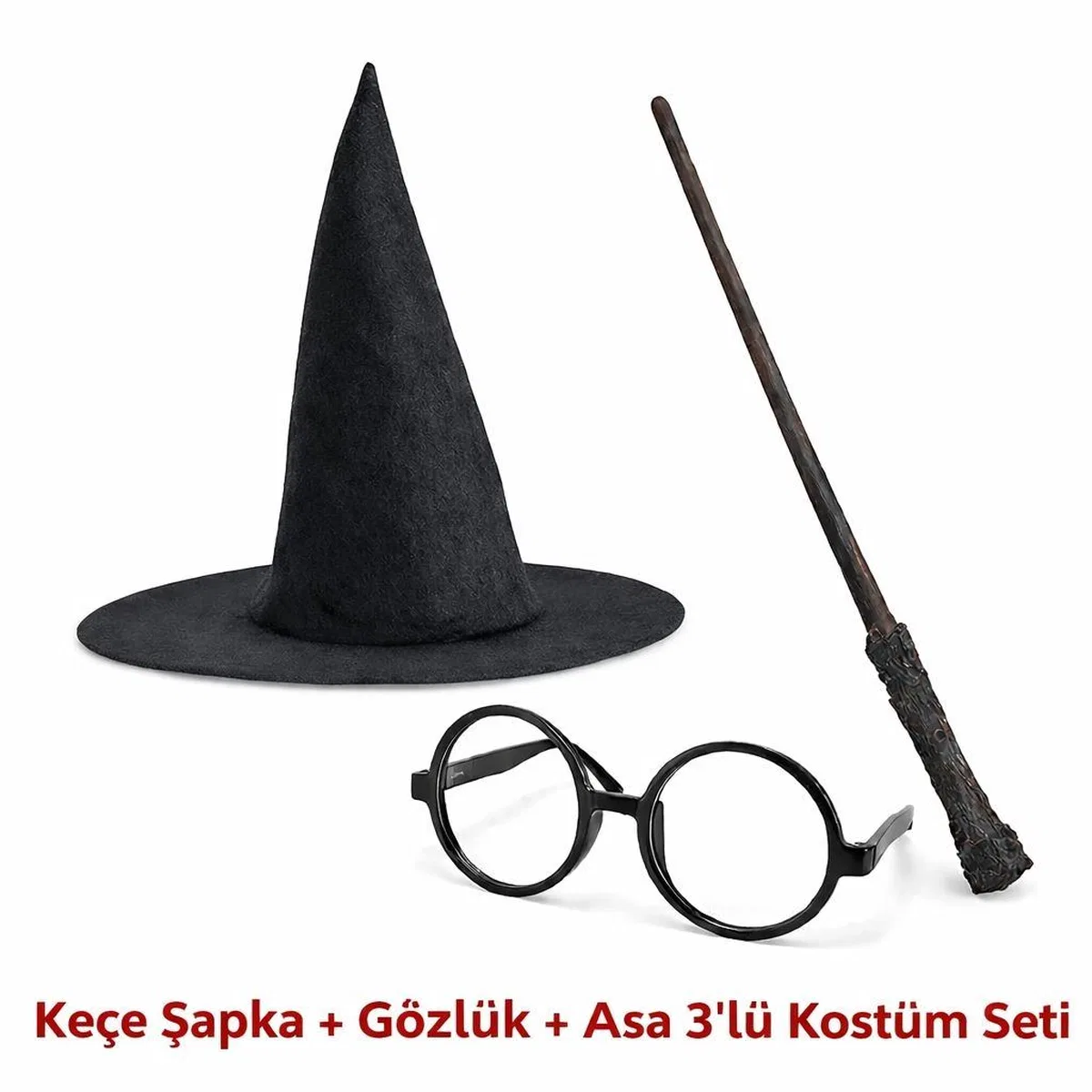 Harry Potter Tarzı Çocuk Seti (siyah Keçe Şapka, Asa, Gözlük) görsel 2