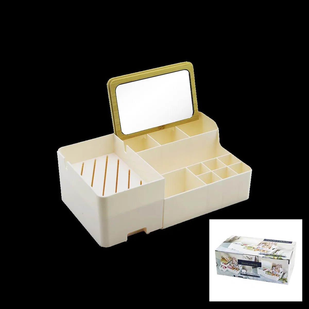 Aynalı Çekmeceli Makyaj ve Takı Organizer - 13 Bölmeli, Bambu Detaylı (28. 5x17. 5x9. 5 cm) görsel 2