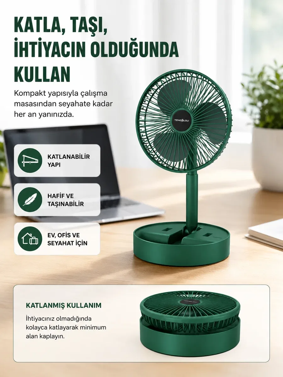 Şarjlı Mini Fan Katlanabilir 3 Hız Ayarlı Taşınabilir Tasarımlı
