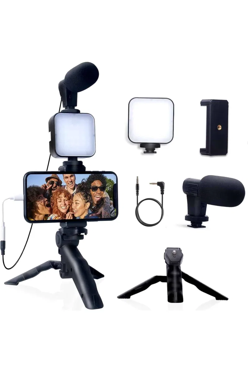 Akıllı Telefon Vlog Kiti Tripod Mini Mikrofonlu Telefon Tutucu görsel 5